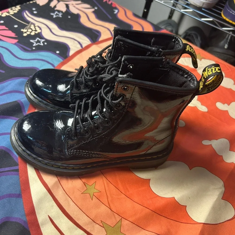 Dr. Martens 1460 J Kids Black Patent Leather Lace Up Side Zip Boots Size 1 US
